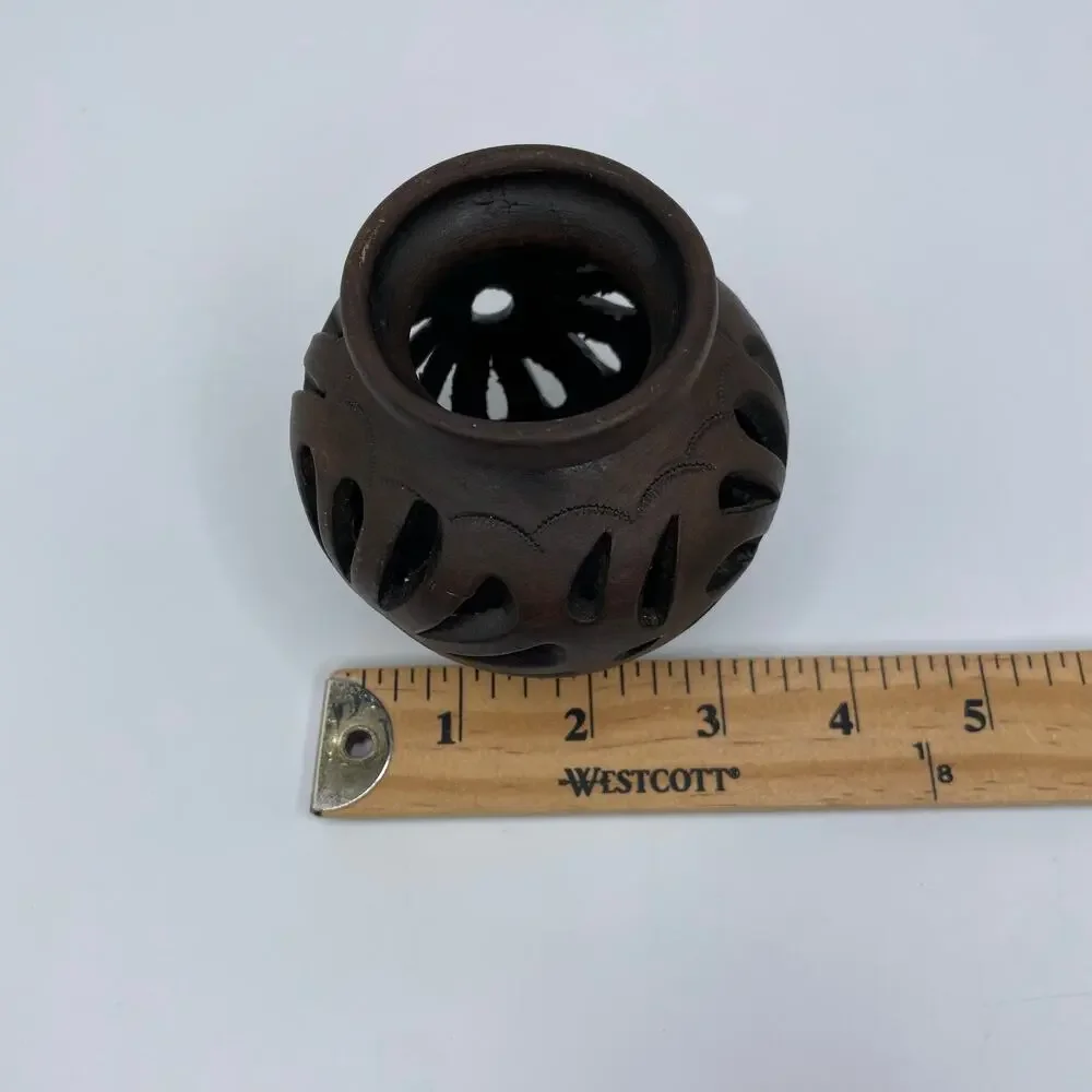 Hand engraved open work floral ceramic vase dark brown	small 3.5